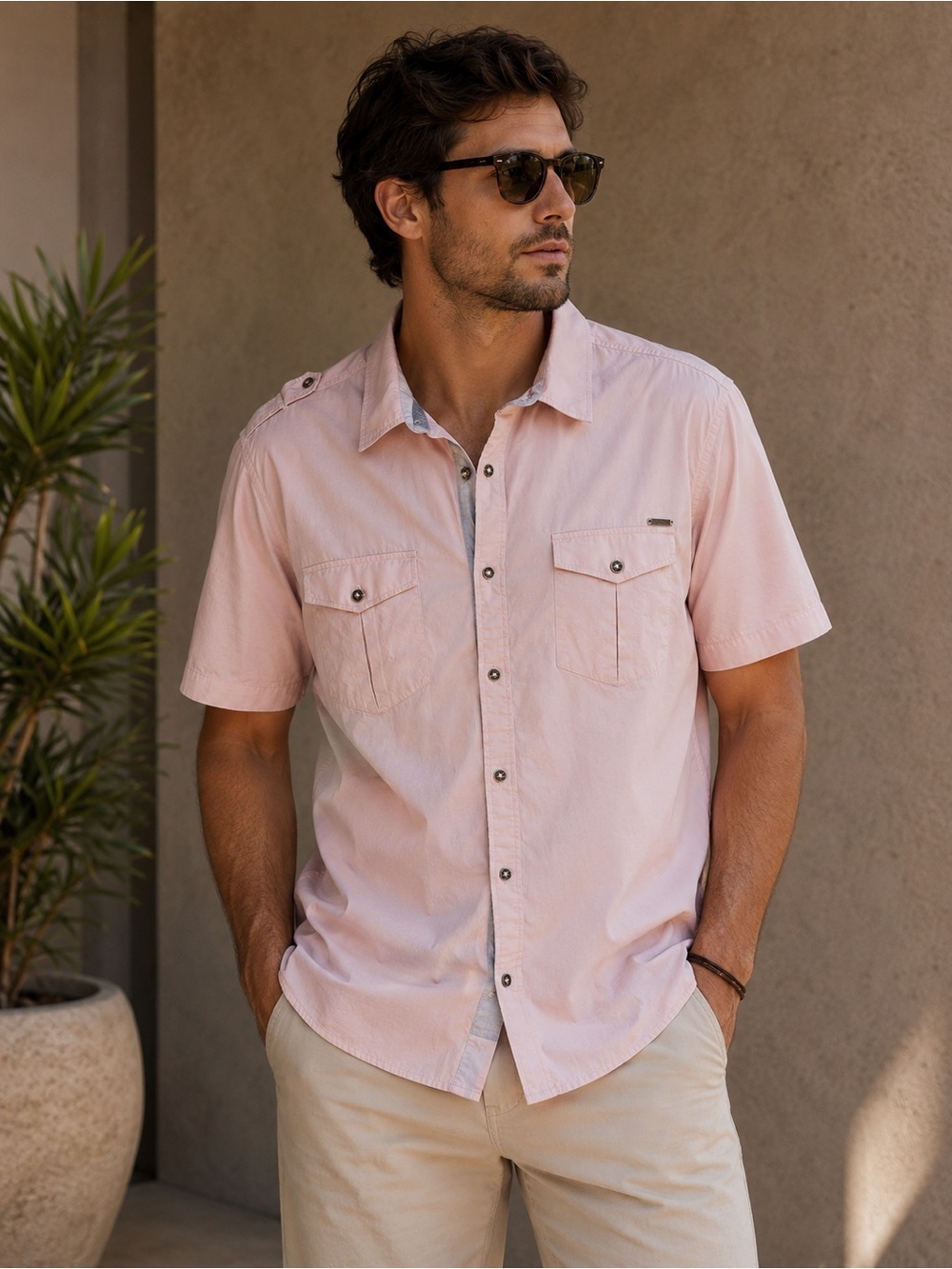 Guess Men's Light Pink Button Down Shirt Size XL Neutral Utility Festival